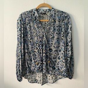 APNY Crossover Top with Tassel | Blue Leopard Print, Size Medium